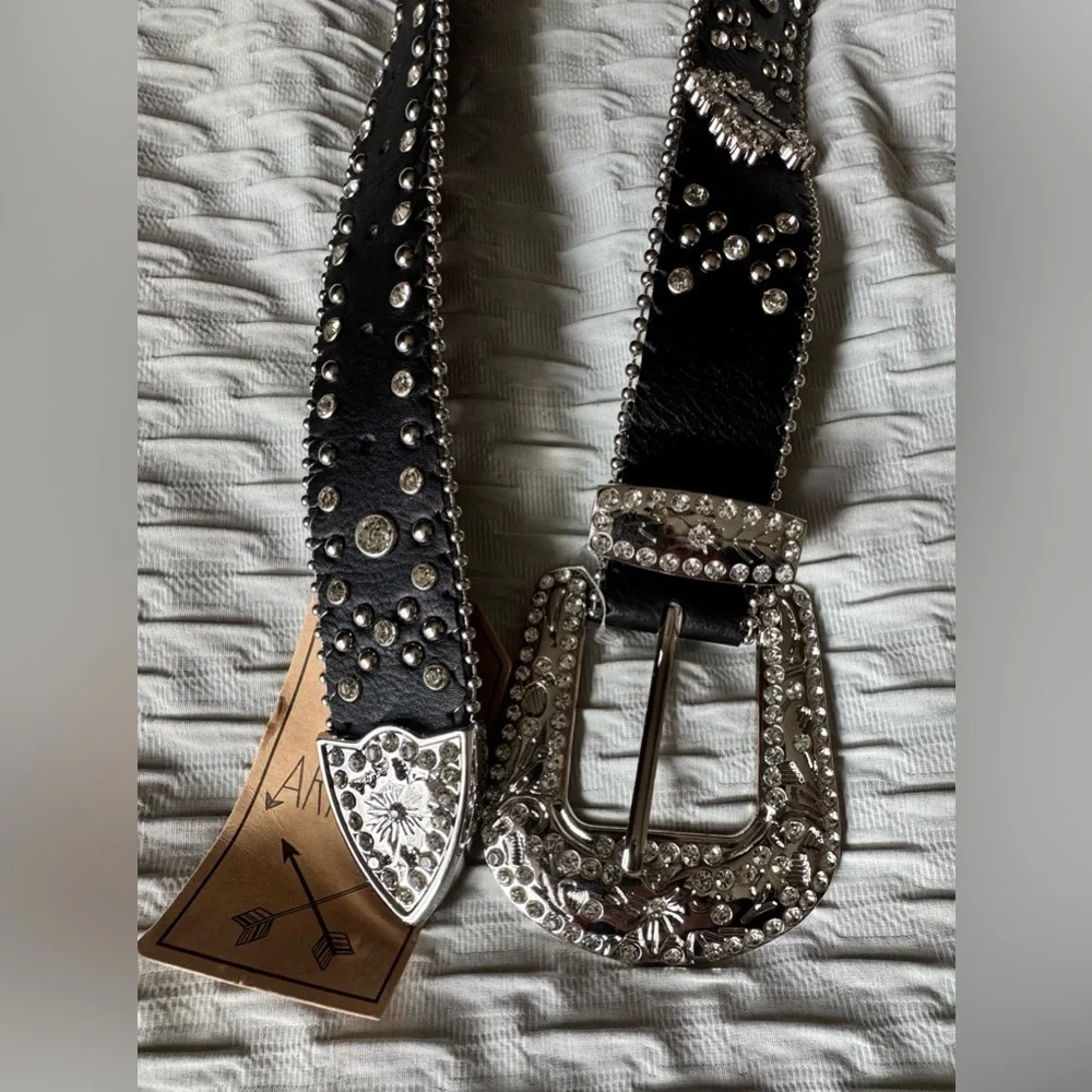 Black Sparkling Rhinestone  Belt Leather